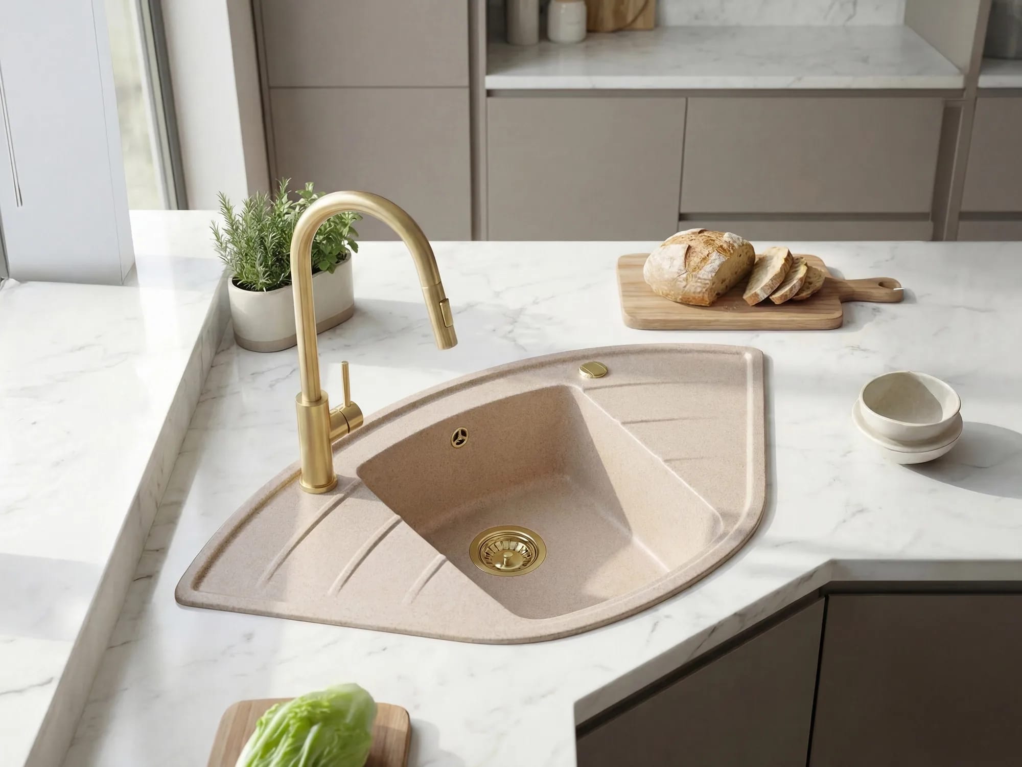 Évier en granit d'angle beige sable installé dans une cuisine, avec mitigeur doré