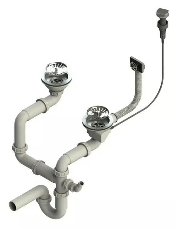 Siphon double pour évier 2 bacs, commande rotative, coloris Chrome, vue produit